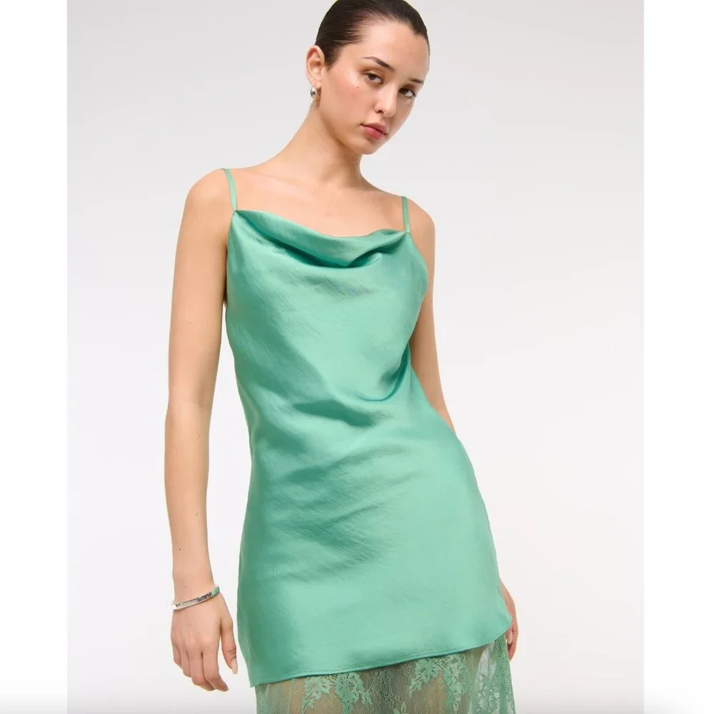 Abercrombie & Fitch Green Cowl Neck Satin Strappy Lace Mini Maxi Skirt Dress